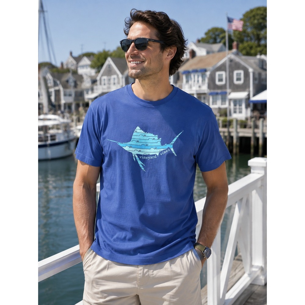 Vineyard Vines Mens Blue Marlin Whale Graphic T-Shirt Resort Coastal Preppy M